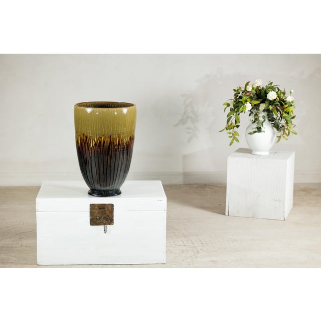 Late 20th Century Large Artisan Ceramic Planter with Olive and Brown Drip Glaze For Sale - Image 16 of 18