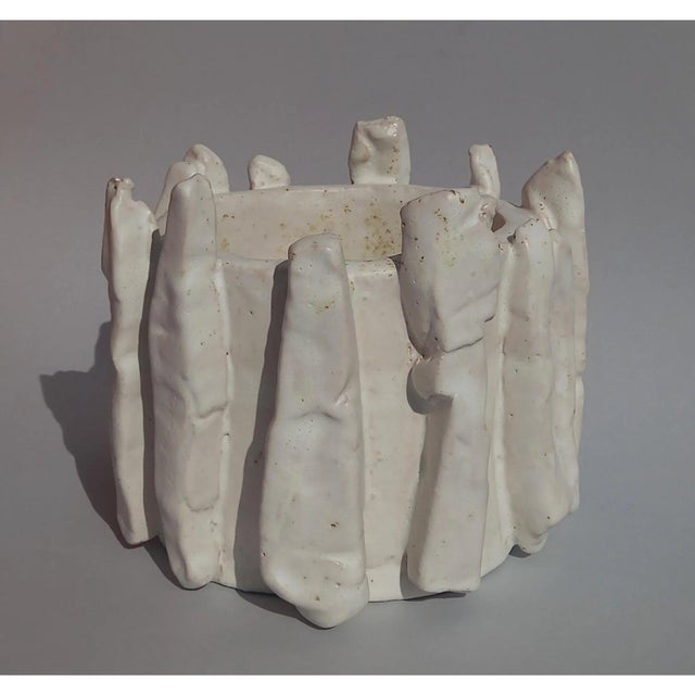 5.9" by 7" by 6.7" One-of-a-Kind Neutral Palette Hand Built Glazed Ceramic Planters by Diane Grant - Set of 2 / Plant Stands For Sale - Image 9 of 12