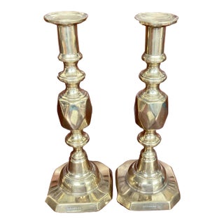 Late 19th Century Antique Pair of Brass Queen of Diamond Candlesticks For Sale