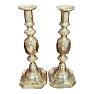 Late 19th Century Antique Pair of Brass Queen of Diamond Candlesticks