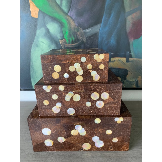 Rare Find. Vintage Maitland Smith tessellated rectangle set of three veneered brown and natural mother-of-pearl decoration...