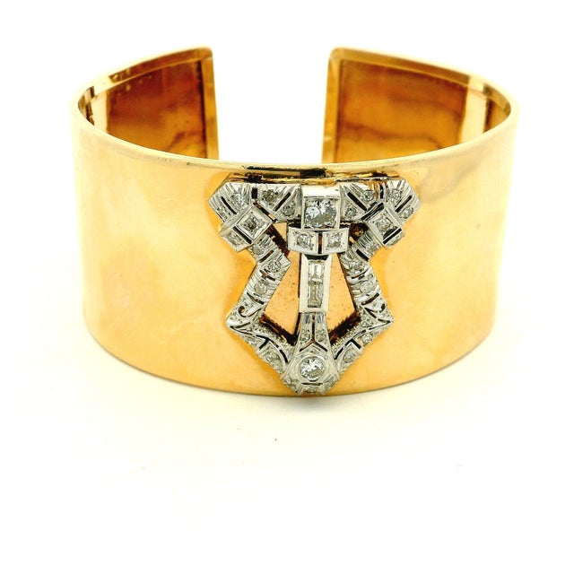 1930s Art Deco Diamond Platinum & 14k Gold Wide Marriage Cuff Bracelet For Sale - Image 12 of 15