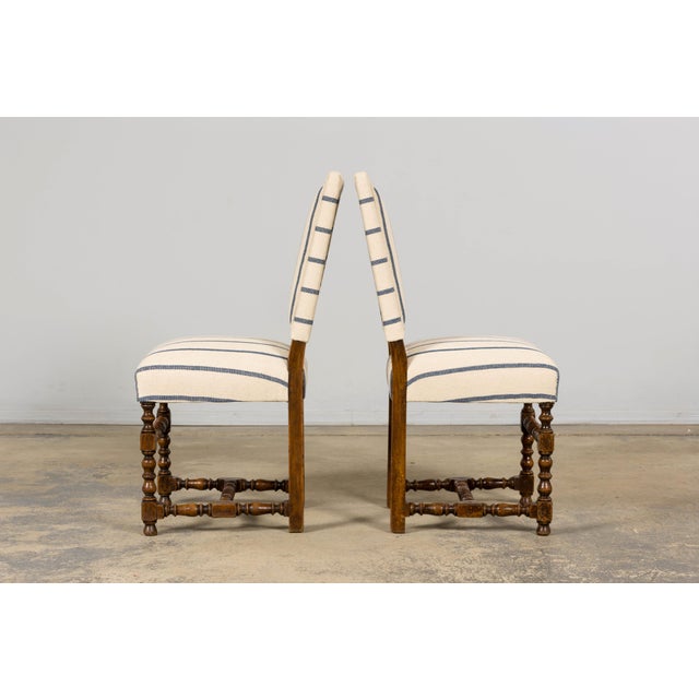 Antique French Louis XIII Dining Chairs in Blue Striped Jacquard, Set of 12 For Sale - Image 14 of 18