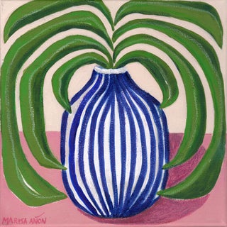 "Vase With Blue Stripes" Contemporary Still Life Mixed-Media Painting by Marisa Añón For Sale