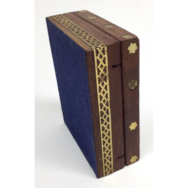 1920s Vintage Inlaid Brass Over Wood Trinket Box Glass Painted Hinged Lid For Sale - Image 5 of 13