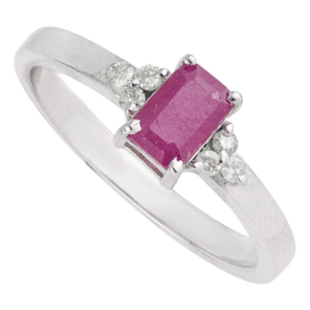 Modernist Octagon 0.69 Ct Natural Ruby Ring With Diamond Trinity Cluster in Solid Silver Size 7.5 For Sale