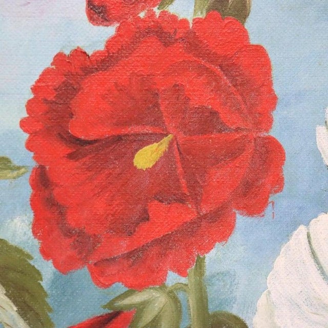 Textile Unsigned Oil on Canvas Floral Painting of Garden Hollyhocks With Bees C1900 For Sale - Image 7 of 17