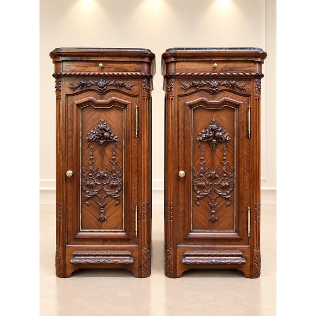 Napoleon III Bedside Tables in Carved Walnut and Sea Green Marble For Sale - Image 6 of 6