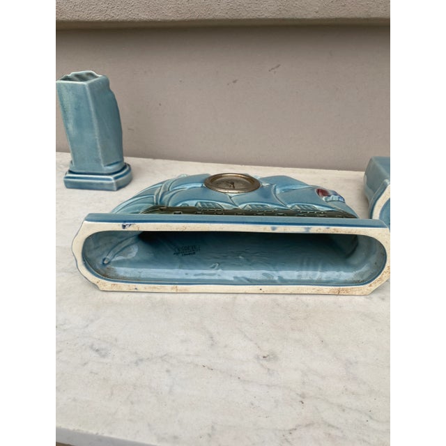 French Majolica Sailing Ship Clock With Vases Sarreguemines Circa 1930 For Sale In Austin - Image 6 of 7