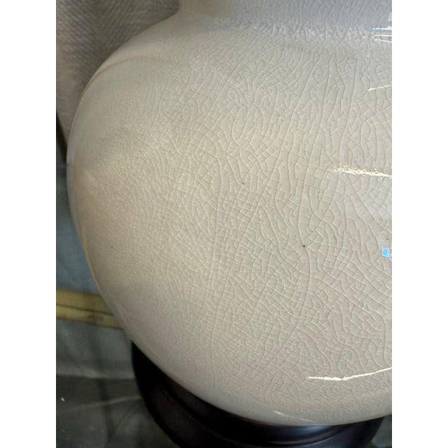 Bone glazed cracked alabaster white ceramic over a wood black base, double gourd table lamp w/ white cotton fabric shade....