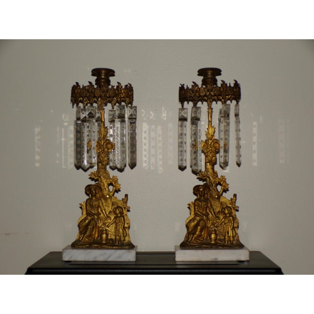Pair Antique Victorian Girandoles Brass Marble Crystal Candelabra Candle Holders For Sale - Image 9 of 15