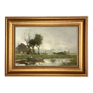 Dutch Landscape With Cottage Print on Canvas in Antiqued Gold Frame- a 7" X 11" Print, Framed to 9-1/2" X 13-1/2"