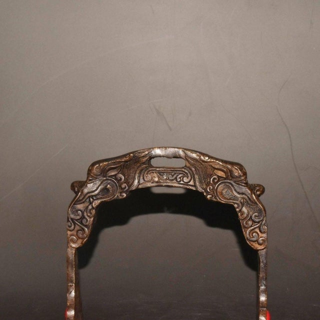 Bronze Pair of Antique Bronze Stirrups With Dragon Motif and Gemstone Inlays, 1.6kg For Sale - Image 8 of 9