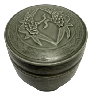 Vintage Art Pottery Celadon Green Lidded Box Bird Motif Signed Rare.