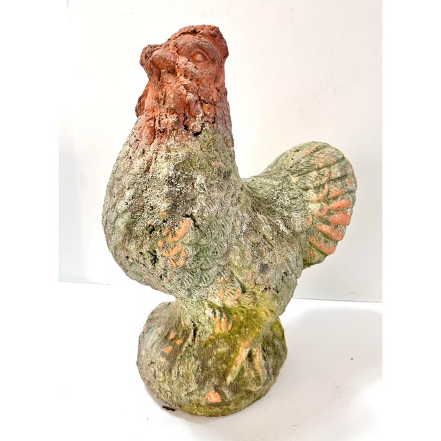 Farmhouse French Country Terracotta Rooster Chicken Garden Statue With Moss Patina For Sale - Image 3 of 9