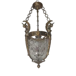 1940s Vintage Art Deco Nouveau Hobnail Cut Glass Brass Lion Mermaid Ceiling Hanging Pendant Lantern