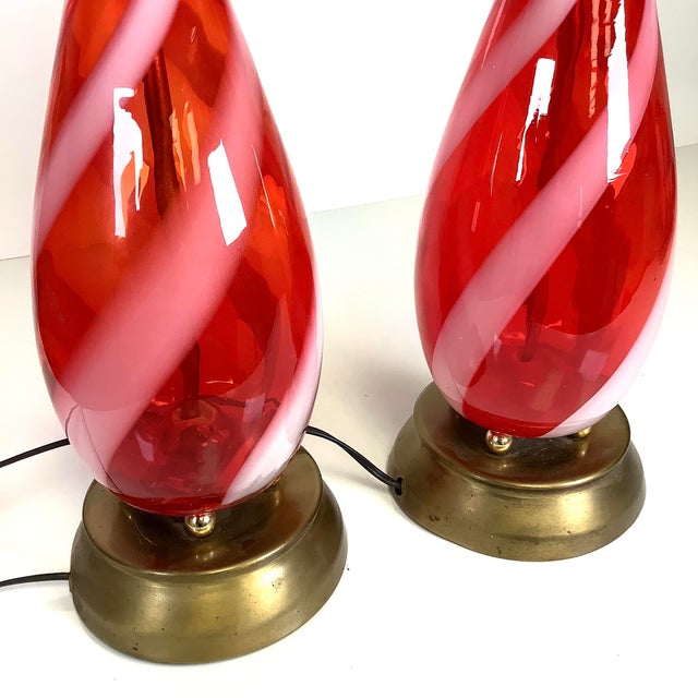 Pair Vtg MCM Candy Cane Swirl Striped Red Table Lamps 1950s Murano Glass. Show some minor wear, but overall beautiful pair...