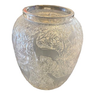 1950s Lalique Mid Century Crystal Biches Vase With Deer & Trees For Sale