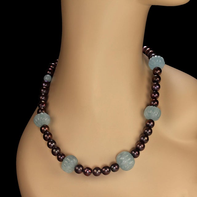 2020s Fluted Aquamarines and Brown Pearls Statement Necklace For Sale - Image 5 of 5