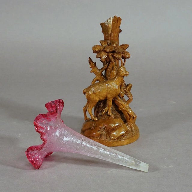 Finely Carved Wood Chamois With Glass Vase, Brienz Ca. 1900 For Sale - Image 4 of 7