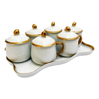 Vintage White Porcelain Gilded Pots De Crème Set With Matching Scalloped Tray For Sale