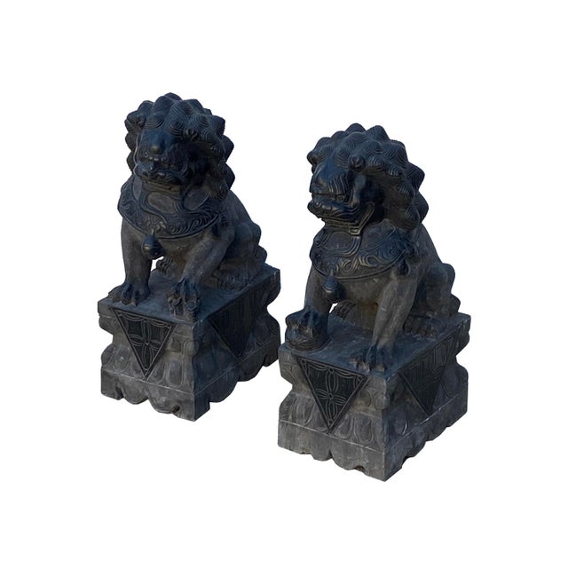 20" Chinese Pair Black Gray Stone Fengshui Foo Dog Lion Statues For Sale In San Francisco - Image 6 of 13
