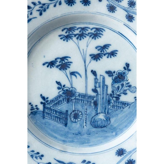18th Century Dutch Delft Blue and White Chinoiserie Plate with Flowers For Sale - Image 4 of 7