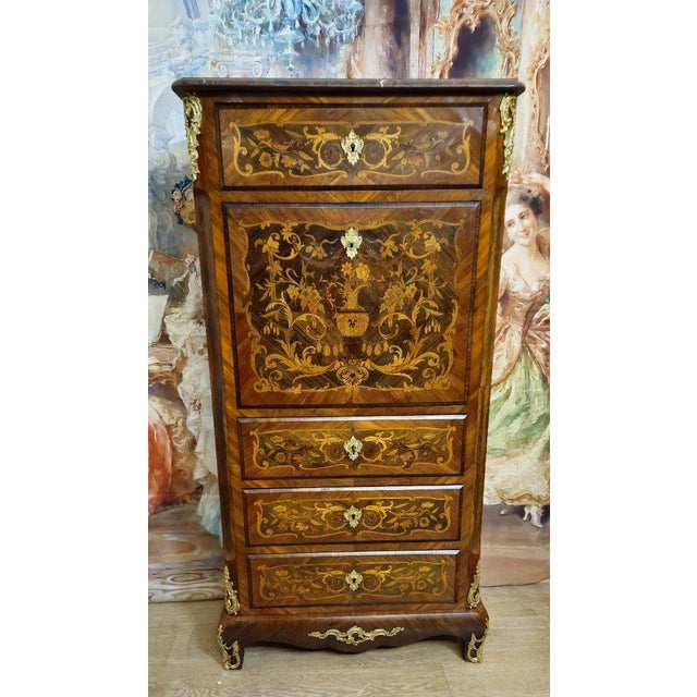 19th Century Secretary Desk in Marquetry of Fine Woods For Sale - Image 6 of 8