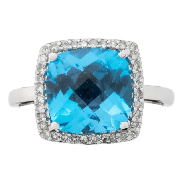 14k White Gold Blue Topaz Diamond Ring For Sale