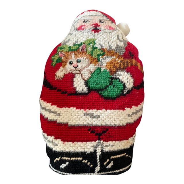 2 Vintage Figural Santa Claus Christmas Needlepoint Stand Up Pillows Doorstop For Sale - Image 4 of 7