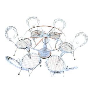 Vintage Woodard Chantilly Rose Wrought Iron Dining Set — Table & Six Chairs For Sale