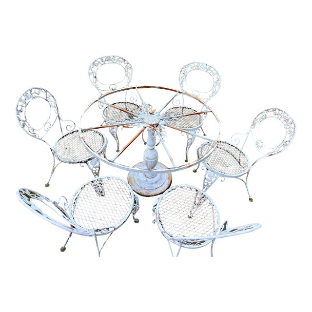 Vintage Woodard Chantilly Rose Wrought Iron Dining Set — Table & Six Chairs For Sale