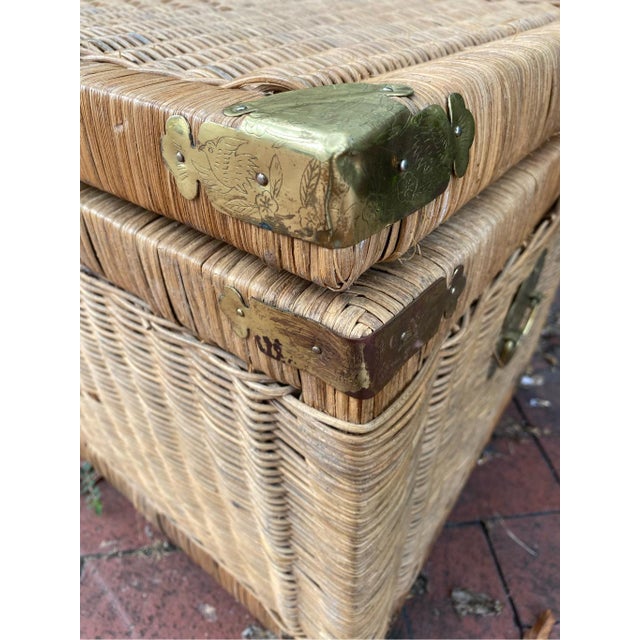 Vintage Mid-Century Asian Style Wicker and Brass Blanket Chest For Sale - Image 11 of 11