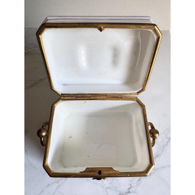 White Vintage or Antique Possibly 19th Century White Opaline Glass Jewelry Casket Box Hand Painted Floral Decor & Gilt Bronze 6.25"x4.75"x5.25"h For Sale - Image 8 of 18