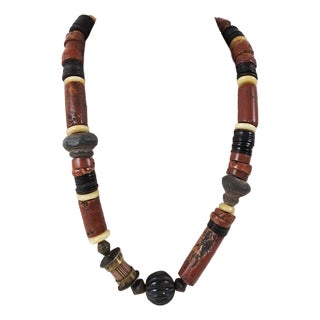 Vintage 1990s Artist Made Tribal Bauxite Pottery Beaded Necklace For Sale