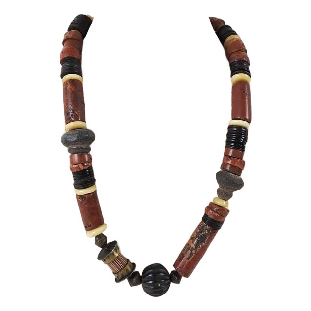 Vintage 1990s Artist Made Tribal Bauxite Pottery Beaded Necklace For Sale
