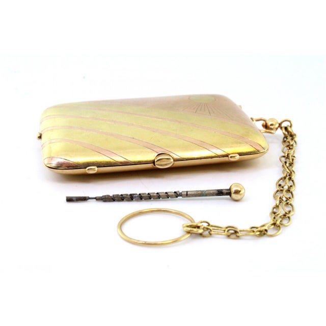 2-Tone Gold Toiletry Box with Diagonal Stripes, Sun Engraved Lid and Mirror For Sale - Image 10 of 12