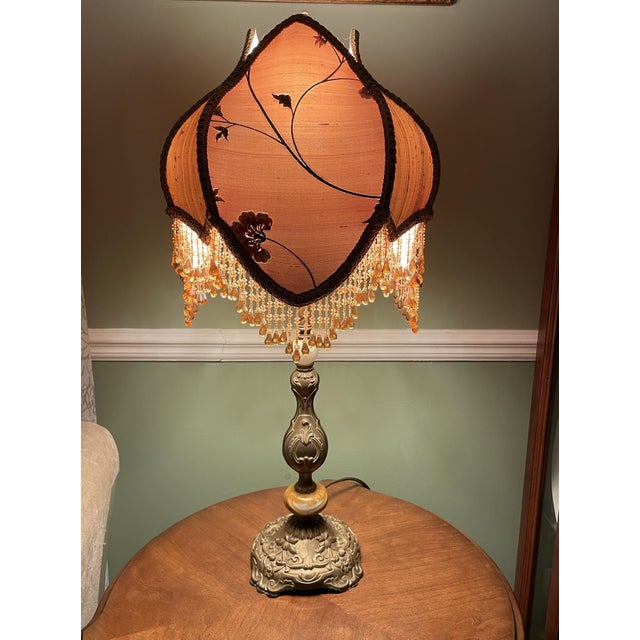Amber Vintage Victorian Revival Table Lamp Heavy Brass Stone Base Amber Fringe Shade For Sale - Image 8 of 16