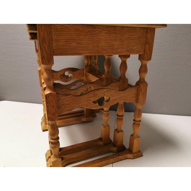 Wood Nesting Tables in Oak with Carvings attributed to Henry Kjærnulf for Nyrup Furniture Factory, Denmark, 1960s, Set of 3 For Sale - Image 7 of 14