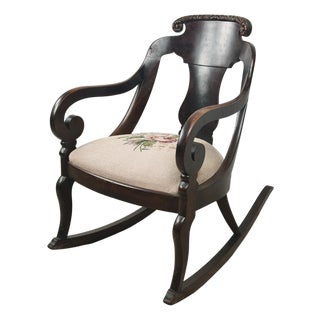Antique American Carved Wood Rocking Chair With Needlepoint Seat For Sale
