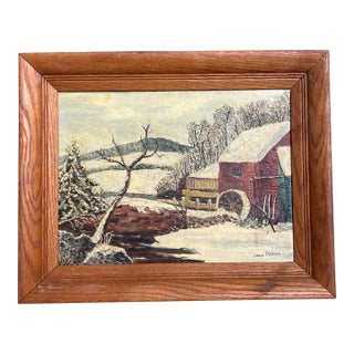 1950’s Original Rustic Impressionist Snowy Barn Landscape Painting For Sale