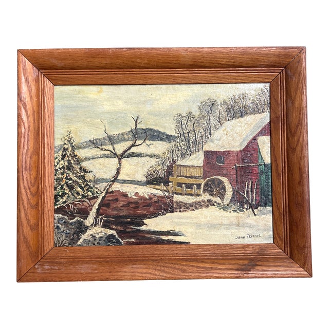 1950’s Original Rustic Impressionist Snowy Barn Landscape Painting For Sale
