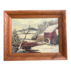 1950’s Original Rustic Impressionist Snowy Barn Landscape Painting