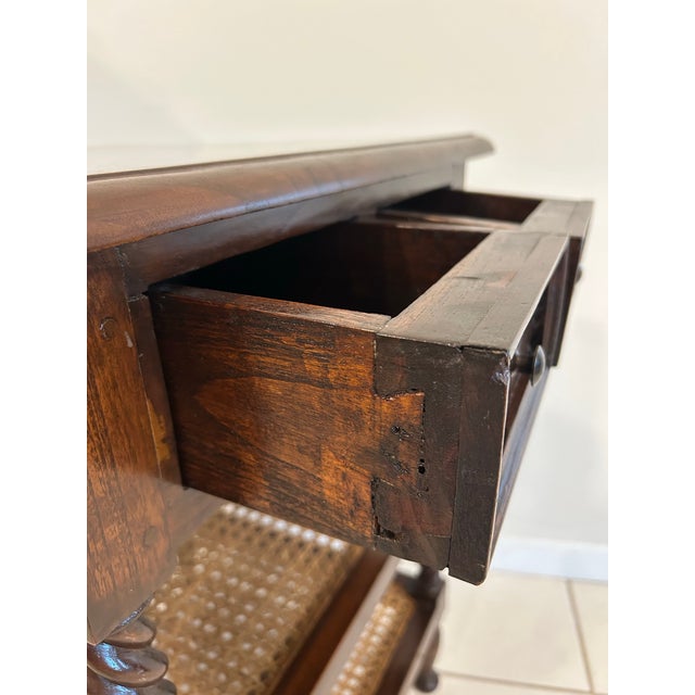 Late 19th Century British Colonial Side Table-Antique Mahogany End Table-Three Tiered Caned Stand-Barley Twist Legs-Two Drawers For Sale - Image 10 of 12