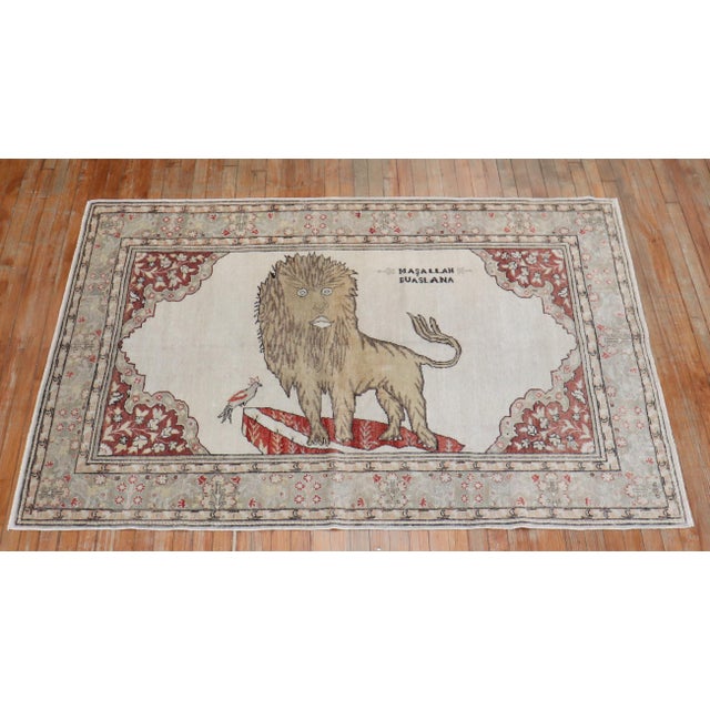 Lion Motif Vintage Turkish White Ground Dowry Rug, 20th Century For Sale - Image 14 of 18