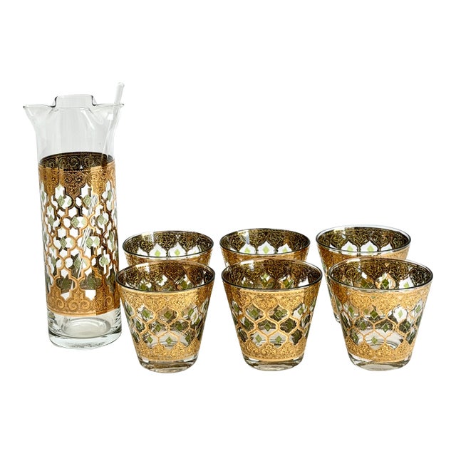 Mid-Century Culver Valencia Rocks Glasses & Pitcher - Set of 7 For Sale