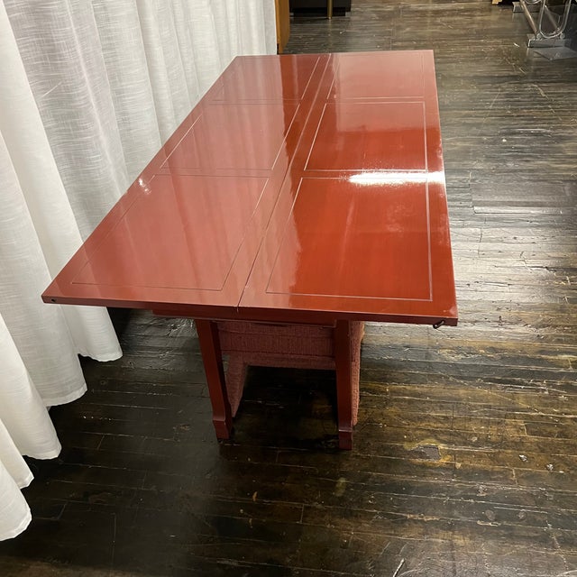 1950s Michael Taylor for Baker Red Lacquer Expandable Altar Table and Stools - Set of 3 For Sale In Chicago - Image 6 of 12