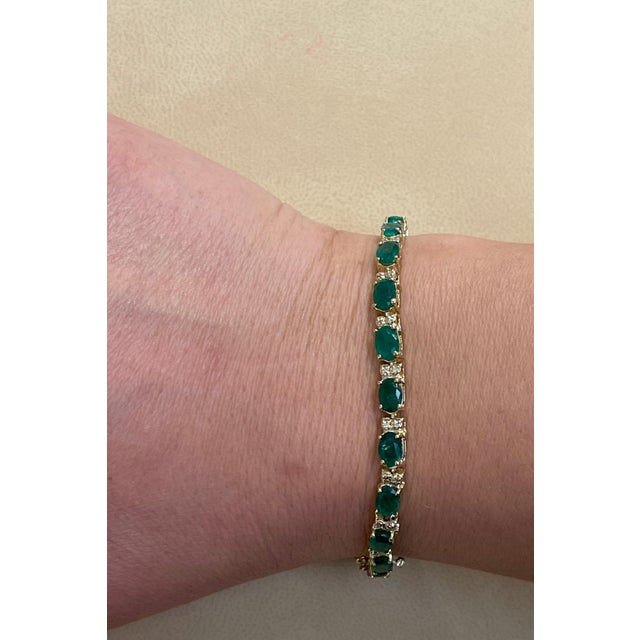 Green 12 Ct Natural Brazilian Emerald & Diamond Tennis Bracelet 14 Karat Yellow Gold For Sale - Image 8 of 8