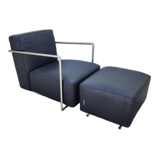 1980s Camerich Contemporary Italian Metal and Leather Armchair and Ottoman For Sale