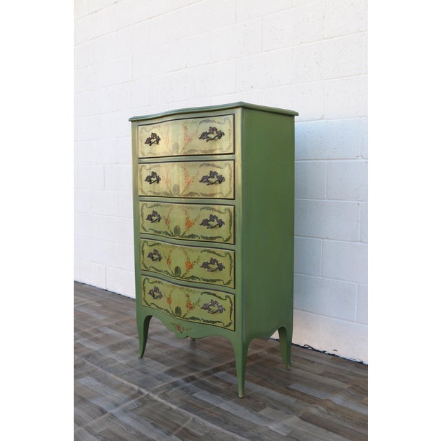 Green 1950s French Provincial Hand-Painted Green Tall Chest of Drawers For Sale - Image 8 of 18